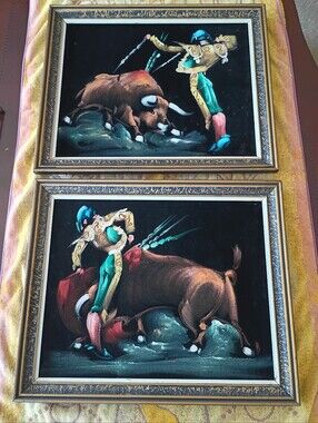 Black Velvet Painting in Gold Frame MCM Pair Of Matadors